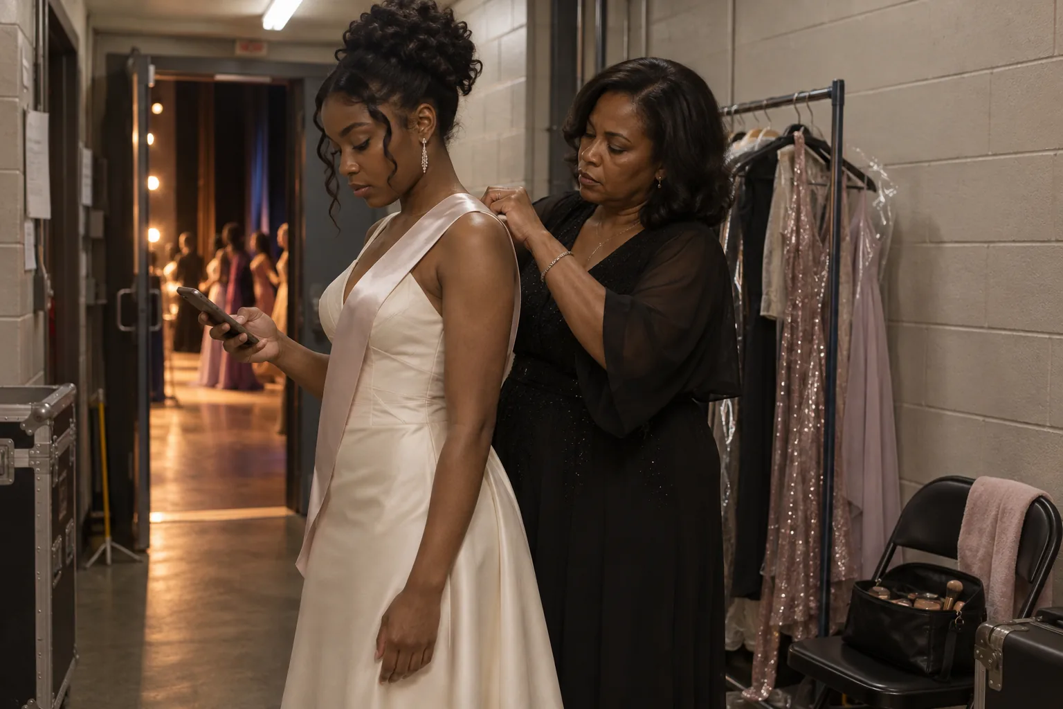 A contestant reviews her phone backstage while her mother helps fasten her gown.