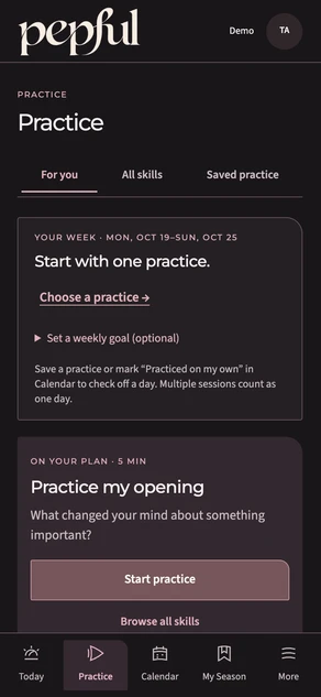 The refreshed Practice view shows the weekly practice overview and optional goal setting.