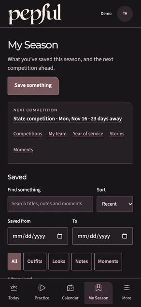 The refreshed My Season view shows the next competition, links to season resources and the start of the Saved collection.