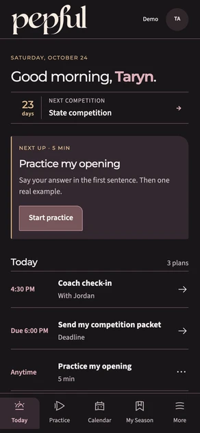 The refreshed Today view shows Taryn’s competition countdown, next practice and the beginning of her daily agenda.