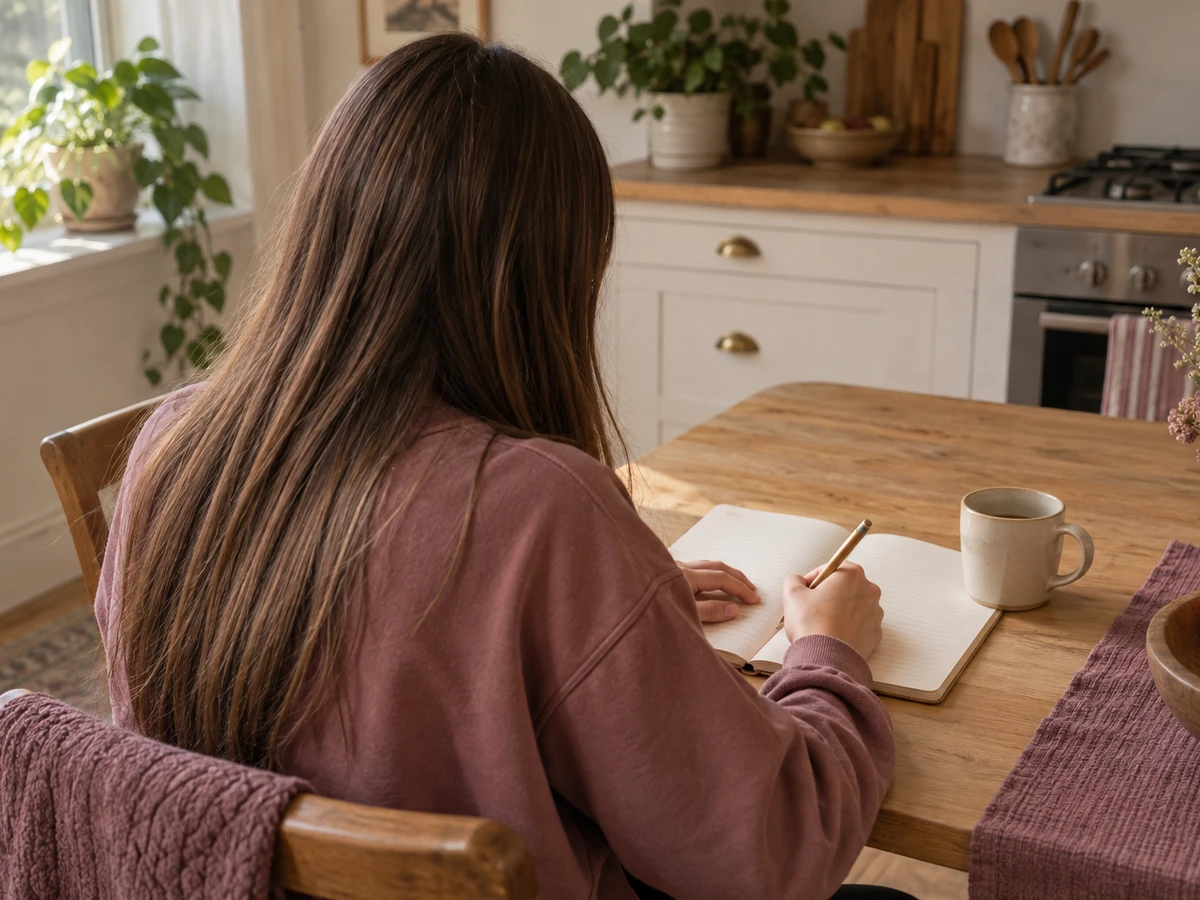 A teen contestant, seen from behind, works in a notebook at her kitchen table.