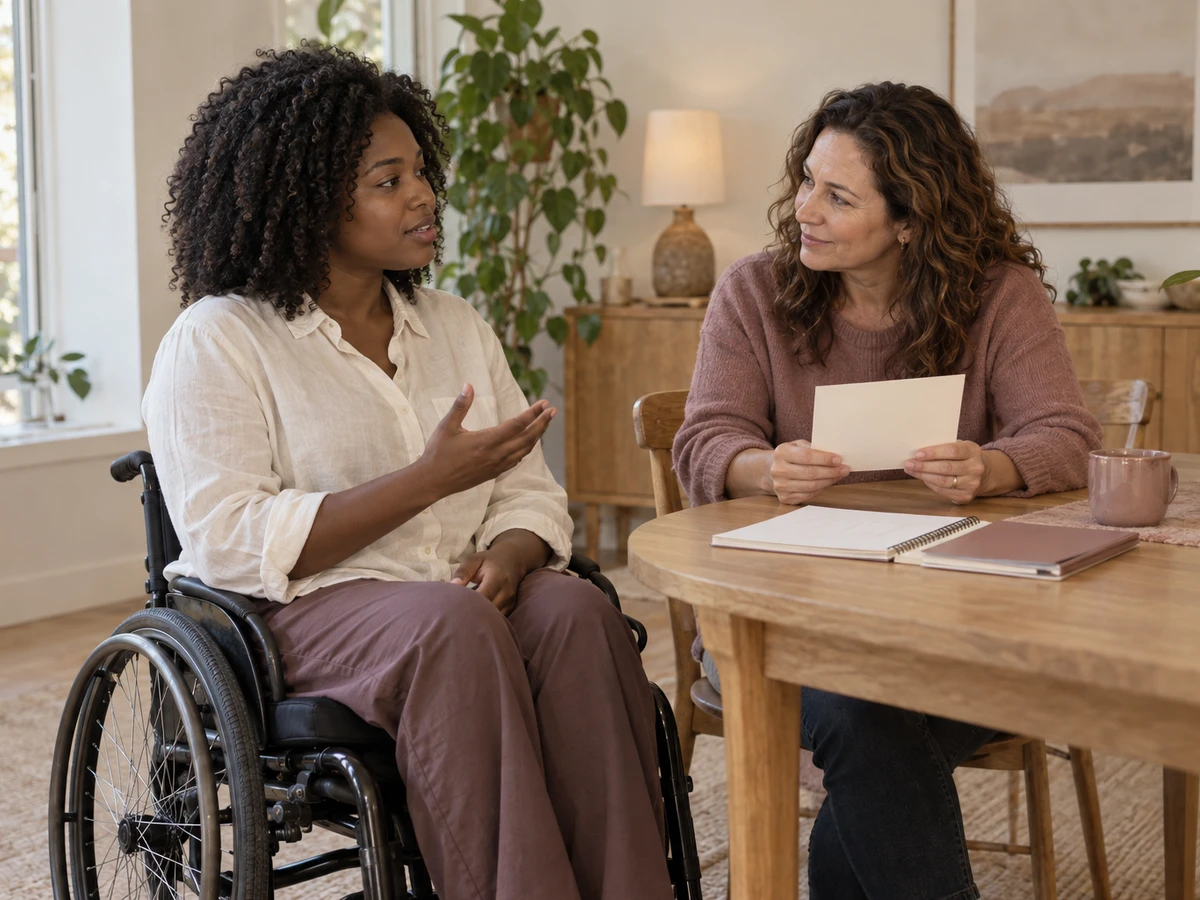 A contestant using a wheelchair practices an answer while a supporter listens beside her.