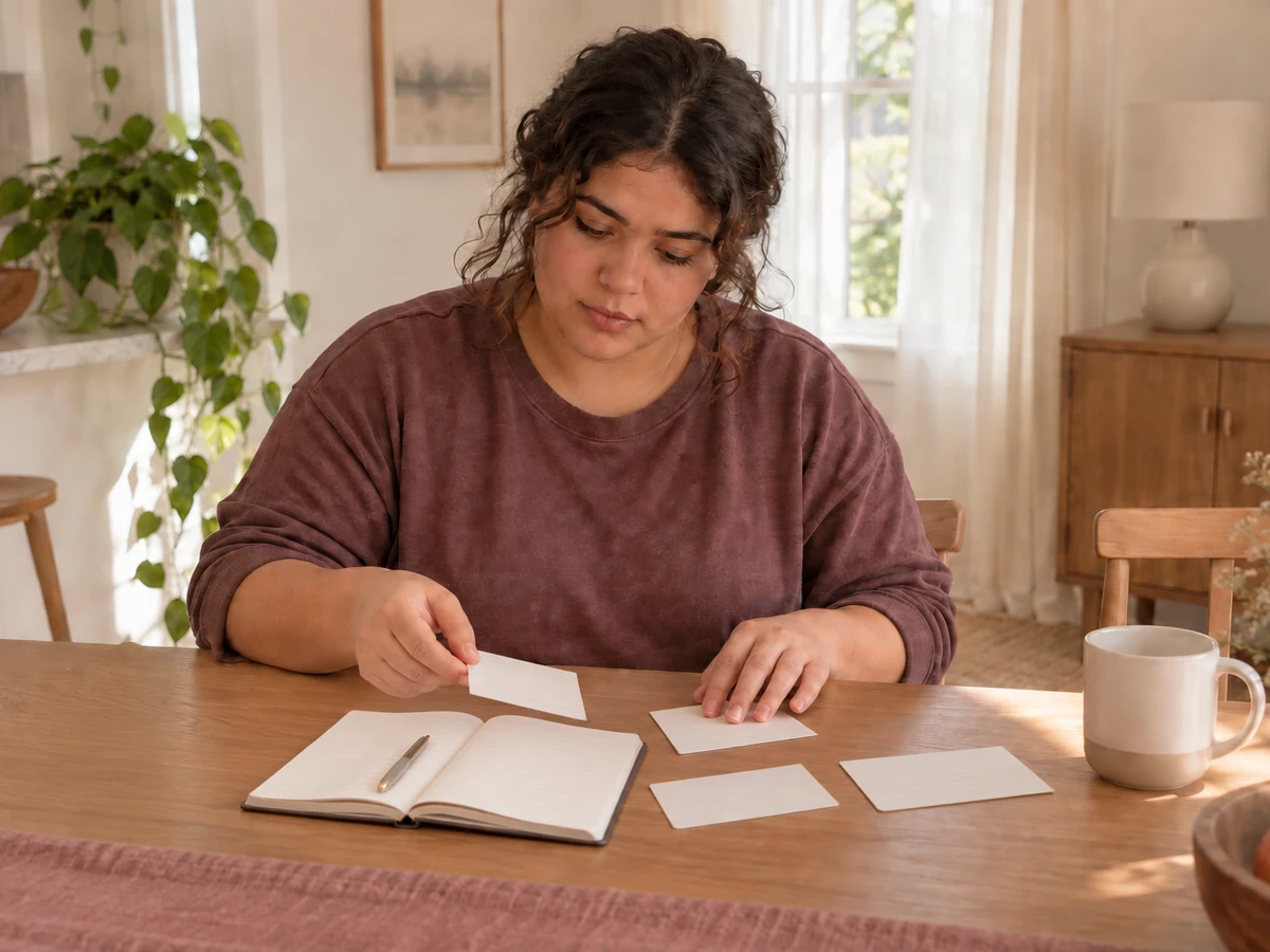 A contestant organizes practice cards and a notebook at her kitchen table.